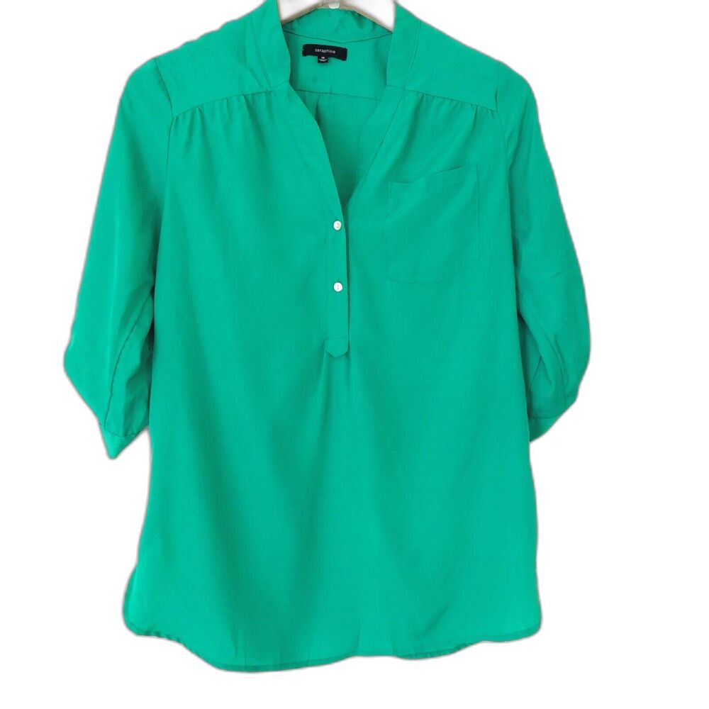 Seraphina Solid Green Blouse Size Medium Button Front 3/4 Sleeves